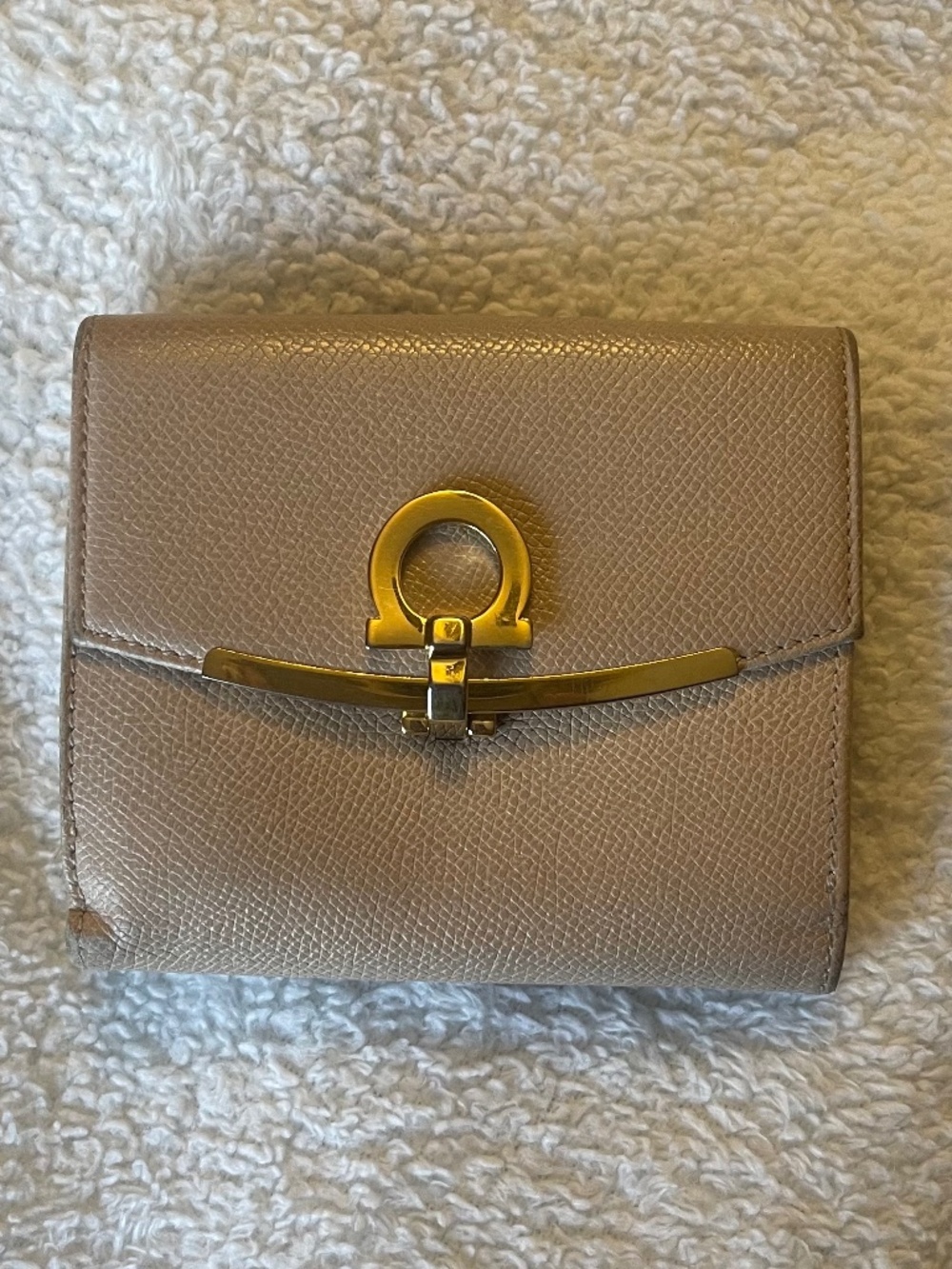 Authentic Salvatore Ferragamo Gancini wallet in elegant beige textured leather w
